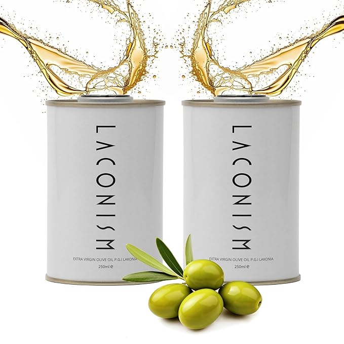 Pack of 2 Extra Virgin Olive Oil Tin, Great Taste Cold Pressed, Intense Flavor, Contains Polyphenols Rich Olive Oil from the Land of Laconia 2X250ml Tin