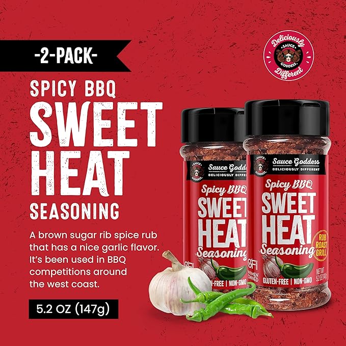 Sauce Goddess BBQ Sweet Heat Spice Shaker (2-Pack) - BBQ Rub with Brown Sugar and Has a Nice Garlic Flavor. Combination of Spicy and Sweet Seasonings and Spices for Cooking