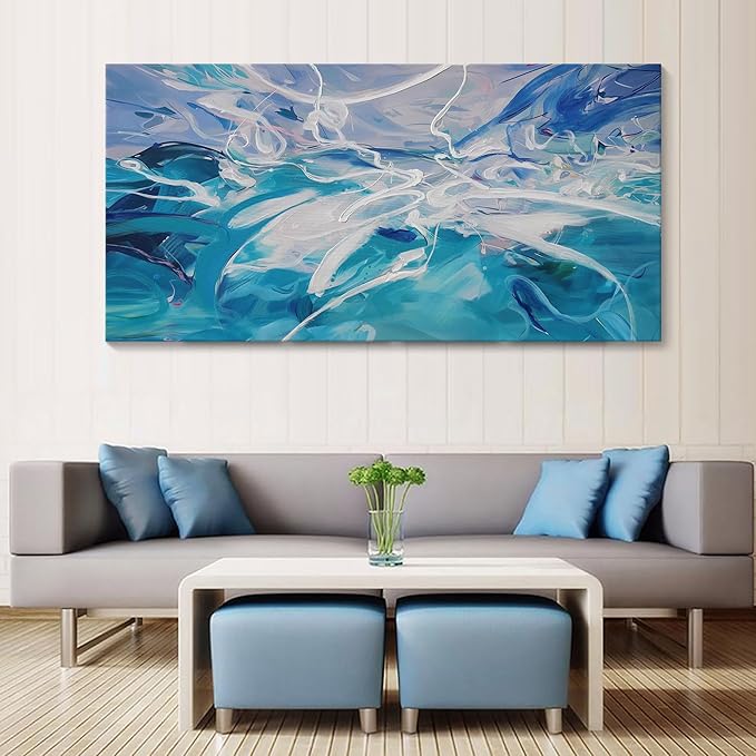 Blue Abstract Wall Art Modern Canvas Wall Paintings White Abstract Art for Living Room Pictures for Bedroom Wall Decor Office Home Decor Framed Artwork for Walls 29횞58IN