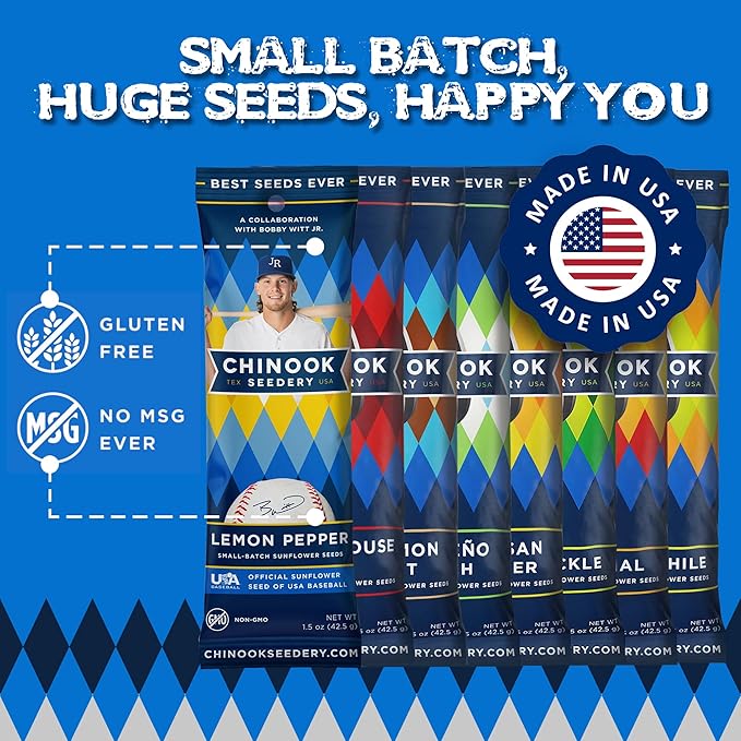 Chinook Seedery Roasted Sunflower Seeds to Eat - 8 Flavor Sampler Pack 1.5 oz (Pack of 8) Jumbo Low Sodium Sunflower Seeds Keto Snacks - Adventure, Baseball, School Snacks -Gluten Free, Non GMO Snacks