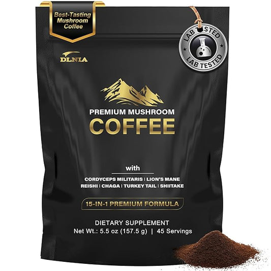 DLNIA Organic Mushroom Coffee with 12 Adaptogenic Mushrooms, Arabica Beans, Coconut Milk & MCT Oil