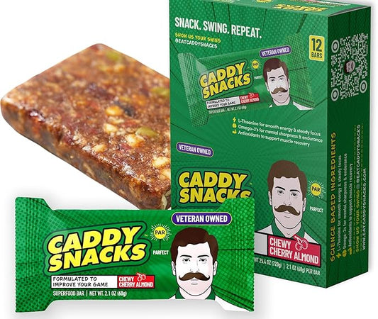 Caddy Snacks Chewy Cherry Almond ??Healthy Snack Bars | Low Sugar | Vegan | Gluten Free | On-the-Go Golf Snack | 2.1 oz Bars, 12 Count