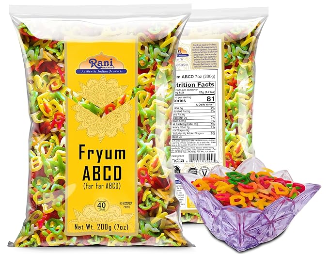 Rani Far Far/Fryums (Wheat & Tapioca Pellet) ABCD Shape 7oz (200g) ~ Vegan, Kosher, Uncooked, Used to Make Papad, Bhungra/Chip Snack
