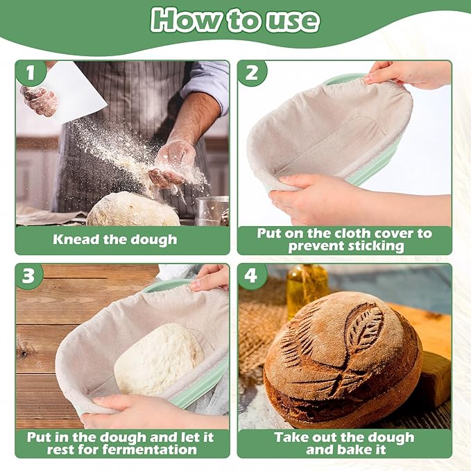 Nuogo 9 Pack Oval Bread Proofing Basket Silicone 10 Inch Collapsible Sourdough Bread Baking Supplies Dough Proofing Bowl with Dough Scraper and Basket Covers for Making Bread