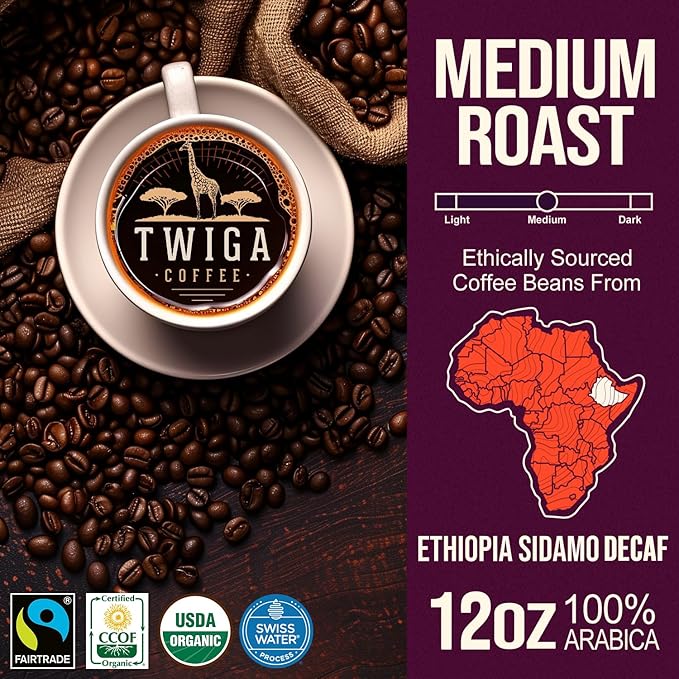 Twiga Coffee Premium Ethiopian Sidamo Decaf ??Organic Medium Roast Arabica Whole Bean ??Decaf Coffee Beans, Rich Berry, Citrus & Floral Notes ??Single Origin, Freshly Roasted from Ethiopia ??12 oz