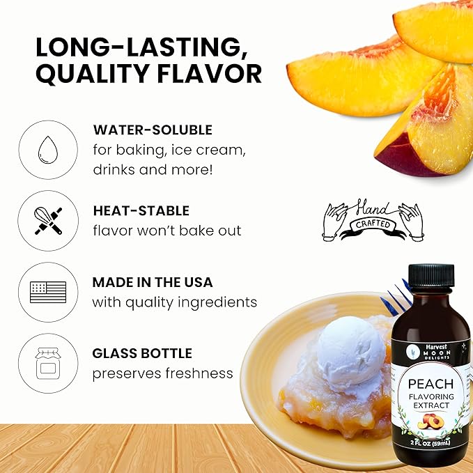 Natural Peach Extract - 2 oz - Water-Soluble - By Harvest Moon Delights - Peach Extract for Baking, Ice Cream, Drinks, and Candy - Sugar Free