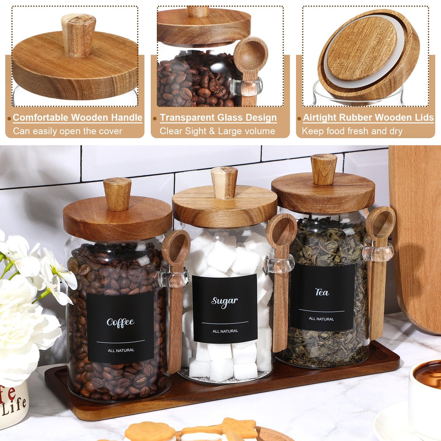 Suclain 3 Pcs Glass Coffee Container Wood Lid, 25 Oz, acacia Brown
