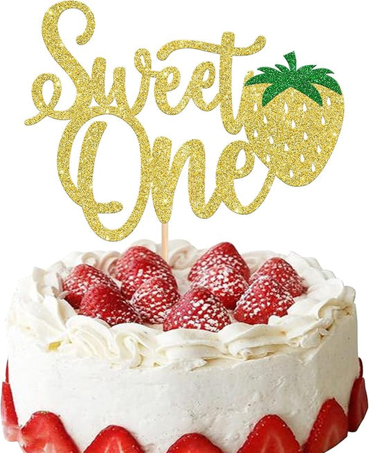 1 Pack Sweet One Cupcake Topper Glitter First Birthday Strawberry Cake Pick for Fruit Baby Shower 1st Birthday Berry Sweet Party Cake Decorations Supplies Gold