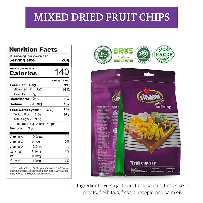 Vinamit Dried Mixed Fruit Chips | Healthy Snacks 8.8 oz Bag | Tropical Blend with Jackfruit, Banana, Pineapple, Sweet Potato, Taro & Vegetable | No Sugar Added | Non-GMO, Gluten-Free, Vegan