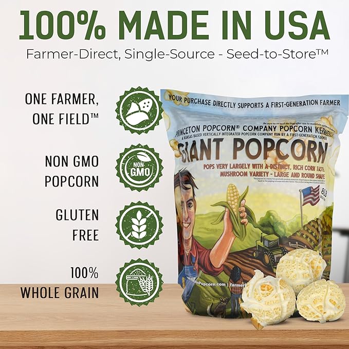Princeton Popcorn Mushroom Hulless Popcorn Kernels ??Easy-Eating, Ball Shaped Tender Popping Corn, Non-GMO Popcorn Kernels, No Hulls, Farmer Direct, Microwave Air Popper or Stovetop Bulk Bag 8lbs