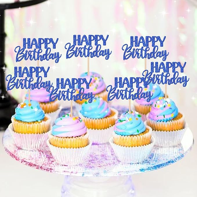 30 PCS Happy Birthday Cupcake Toppers Glitter Happy Birthday Cupcake Picks for Celebrating Birthday Anniversary Theme Party Cake Decorations Supplies Dark Blue