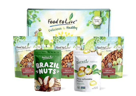 Food to Live Keto Raw Nuts in a Gift Box - Pecans, Brazil Nuts, Macadamia Nuts, Walnuts, Hazelnuts
