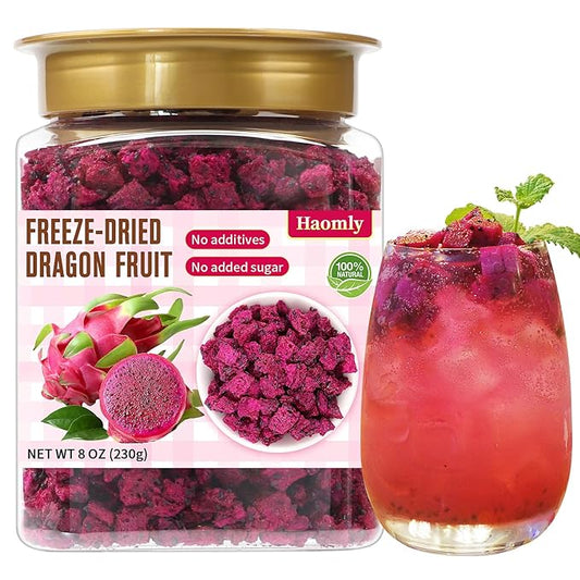 Haomly Freeze-Dried Dragon Fruit,8OZ/230g, No Added Sugars,Sweet Dried Fruit Snacks,100% Natural Red Dragon Fruit Chunks, Ideal for Drinks,Yogurt, Cereal, Smoothies Baked Goods and Water