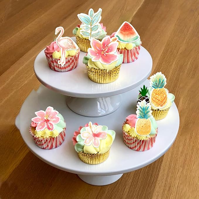 60 Pack Edible Flamingo Cupcake Toppers Wafer Paper Tropical Aloha Luau Pineapple Watermelon Cupcake Picks Flamingo Hawaiian Beach Cake Decorations for Summer Theme Birthday Party Supplies