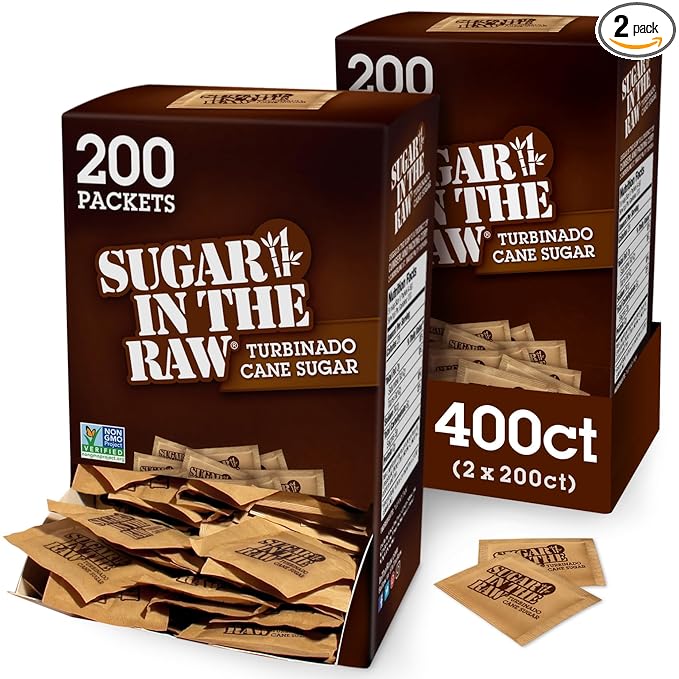 Sugar In The Raw Granulated Turbinado Cane Sugar On The Go Packets, No Erythritol, Pure Natural Sweetener, Hot & Cold Drinks, Coffee, Baking, Vegan, Gluten-Free, Non-GMO, 200 Count Packets (2-Pack)