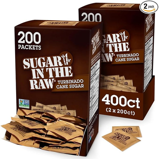 Sugar In The Raw Granulated Turbinado Cane Sugar On The Go Packets, No Erythritol, Pure Natural Sweetener, Hot & Cold Drinks, Coffee, Baking, Vegan, Gluten-Free, Non-GMO, 200 Count Packets (2-Pack)
