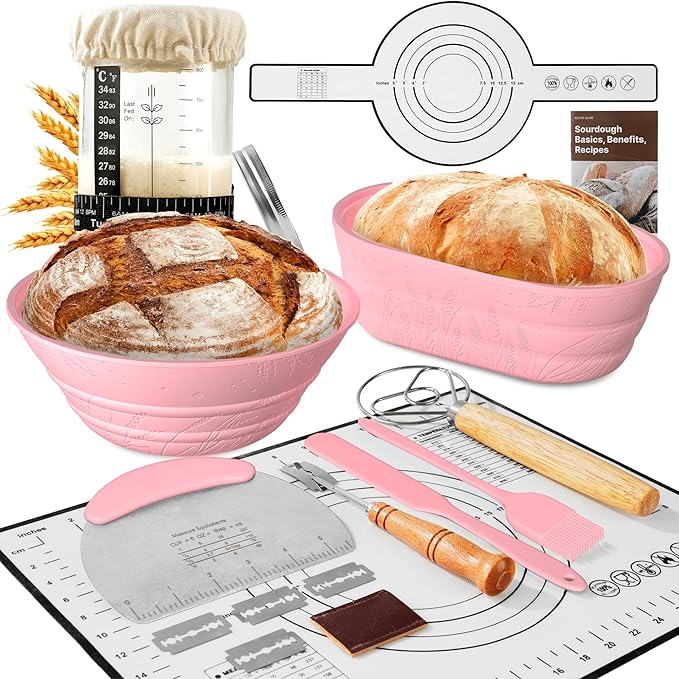 Sourdough Starter Kit with Jar ??Complete Sourdough Bread Baking Supplies for Beginners, Includes 2 Silicone Proofing Baskets Baking Mat Sour Dough Kit - Pink