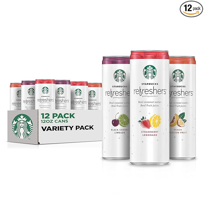 Starbucks Refreshers, 3 Flavor Variety Pack (Peach,Cherry, Stw Lmd), 12 Ounce Sleek Cans (Pack of 12)
