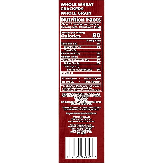 Carr's Crackers, Whole Grain Crackers, Party Snacks, Whole Wheat, 7oz Box (Box of 6)