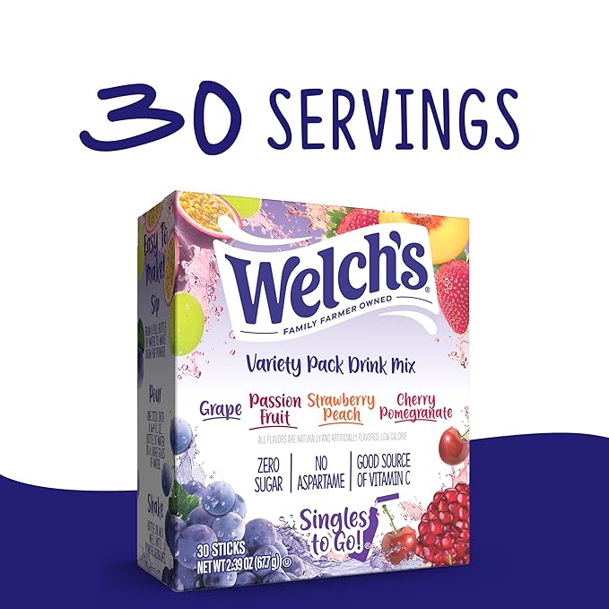 Welch's Singles To Go Variety Pack, Watertok Powdered Drink Mix, Includes 4 Flavors, Grape, Passion fruit, Strawberry Peach, Cherry Pomegranate, 1 Box (30 Servings)