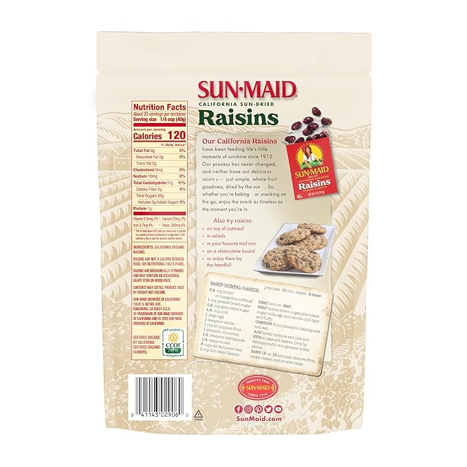 Sun-Maid Organic California Sun-Dried Raisins - 32 oz Resealable Bag - Organic Dried Fruit Snack for Lunches, Snacks, and Natural Sweeteners