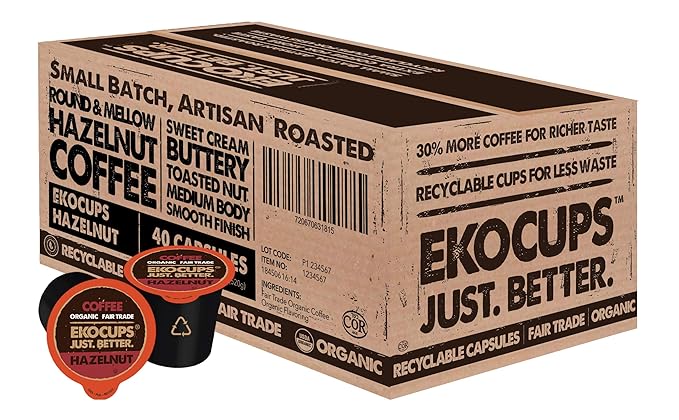 EKOCUPS Organic Hazelnut Flavored Coffee Pods, Artisan Fair Trade, Hazelnut Coffee for Keurig K Cup Machines, Recyclable Pods, 40 Count