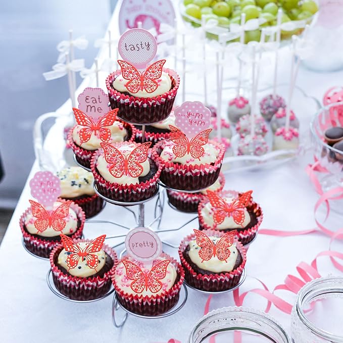 Gyufise 36 Pack Red Glitter 3D Butterfly Cupcake Toppers Hollow Cake Decorations for Birthday Wedding Fairy Party Wall Sticker Decal
