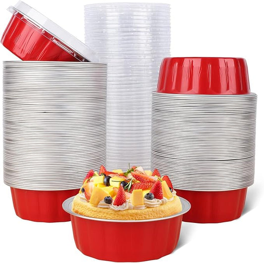 Beasea Disposable Ramekins for Baking, 120 Pack 8 oz 4 Inch with Lids Mini Red Foil Creme Brulee Aluminum Baking Cups Small Round Cupcake Tart Pie Tins Pans Individual Containers Oven Safe