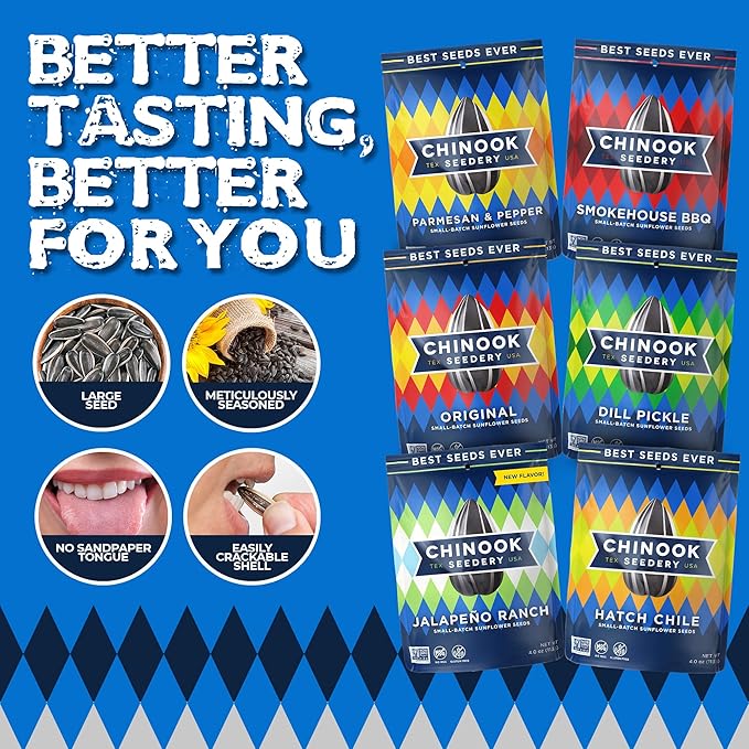 Chinook Seedery Roasted Jumbo Sunflower Seeds - Keto Snacks Sampler - Best For Snack Packs - Gluten Free, Non GMO Snack Food Gifts - 4 ounce (Pack of 6) - 6 Flavor Sampler Pack
