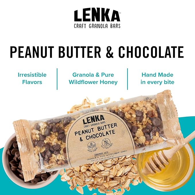 Lenka Bars - Peanut Butter & Chocolate Snack Bars, Gluten Free, High Fiber, Kosher, Wholesome, No Artificial Flavors, Individually Wrapped - 12 Pack