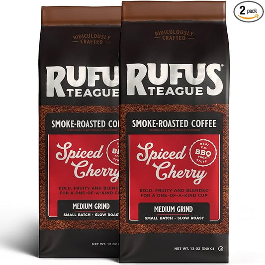 Rufus Teague Spiced Cherry Flavored Ground Coffee, Gourmet Fresh Dark Roasted Coffee, Smoke Roasted Java, Medium Grind, 12 oz Bag, 2 Pack
