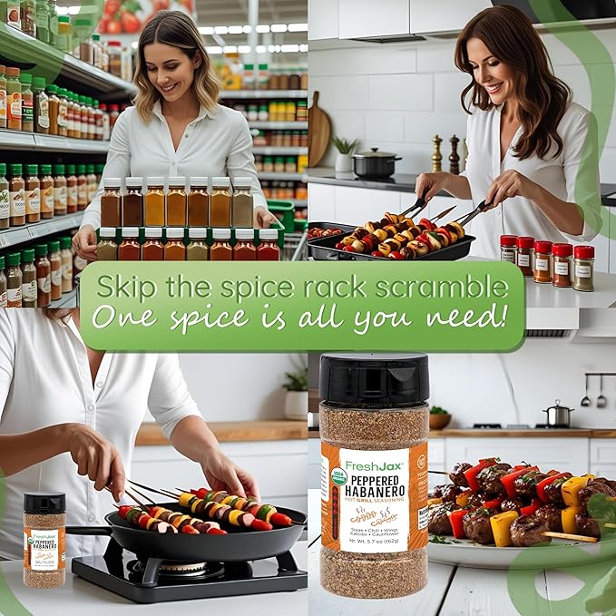 FreshJax Organic Peppered Habanero Hot Grilling Seasoning Spice (5.6 oz Large Bottle) Non GMO, Gluten Free, Keto, Paleo, No Preservatives Habanero Pepper Powder Blend