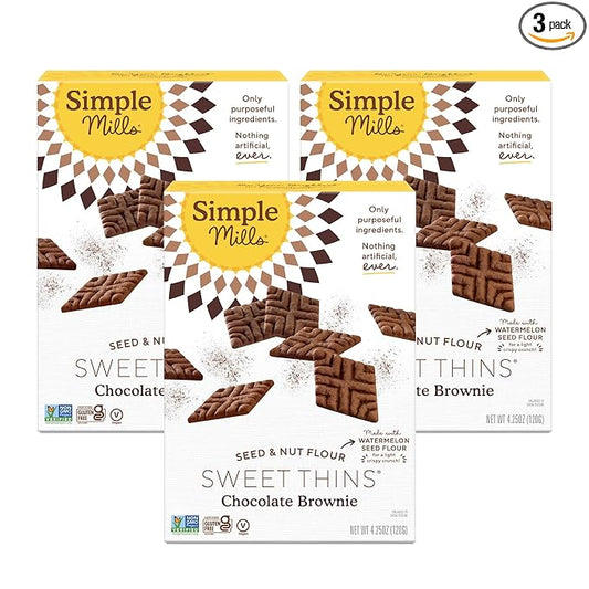 Simple Mills Sweet Thins Cookies, Seed and Nut Flour, Chocolate Brownie - Gluten Free, Paleo Friendly, Healthy Snacks, 4.25 Ounce (Pack of 3)