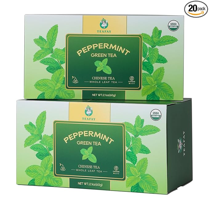 TEAFAY Organic Peppermint Green Tea ??20 Count (40 Cups), 100% Natural, Handpicked, Whole Leaf Pyramid Tea Bags, Individually Wrapped, Refreshing Minty Aroma, Caffeinated, Eco-Friendly