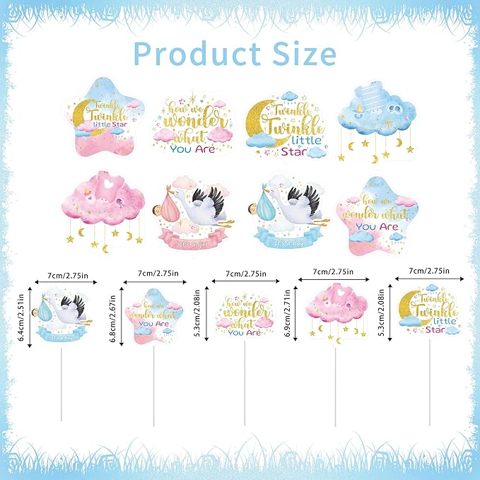 24Pcs Star Baby Shower Cupcake Toppers, Twinkle Twinkle Little Star Cupcake Decorations, Moon Cloud Party Supplies, Gender Reveal Decor