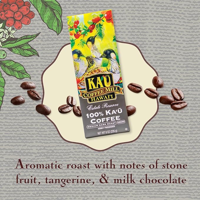 Ka'u Coffee Mill Estate Reserve Medium Dark Roast Ground Coffee - Honey Processed - Pure Ka'u - Specialty - Handpicked Hawaii Grown Arabica Beans - Gourmet Small Batch - 8oz
