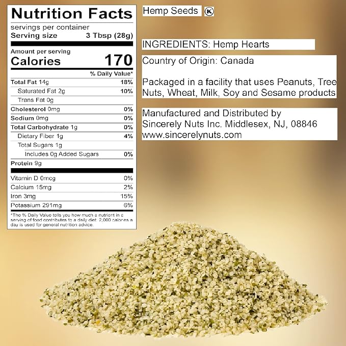 Sincerely Nuts Hulled Hemp Seeds – (1 lb bag) All Natural Super Food | Natures Complete Protein Contains All 9 Essential Amino Acids | Omega 3 Fat for the Heart | Non GMO, Kosher, Gluten Free, Raw