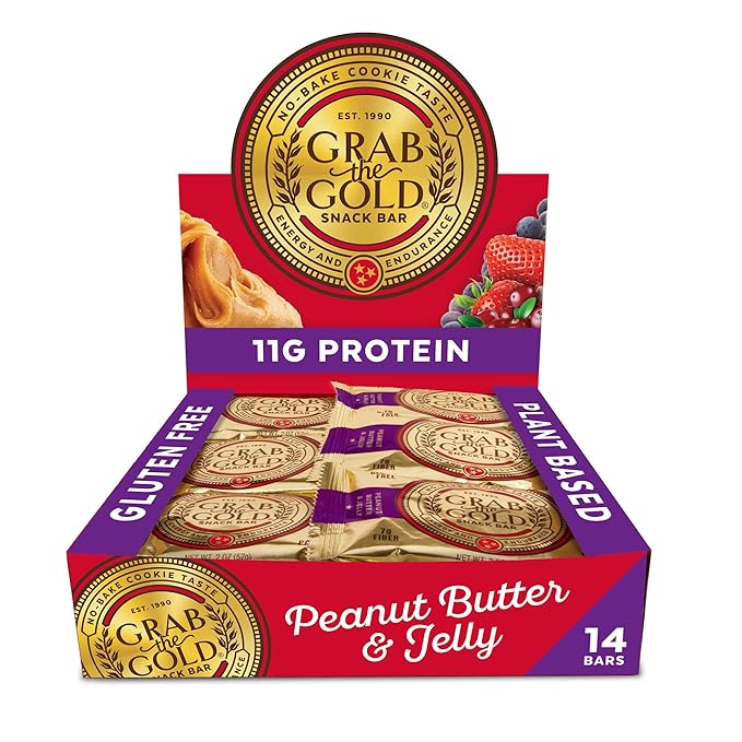 GRAB THE GOLD Snack Bars, Peanut Butter & Jelly (14 Bars - Amazon Exclusive) 11g Plant-Based Protein, Made w/Organic Oats & Cranberries, Whole Food Bars, Gluten Free - Vegan - High Fiber - Dairy Free??,<div>