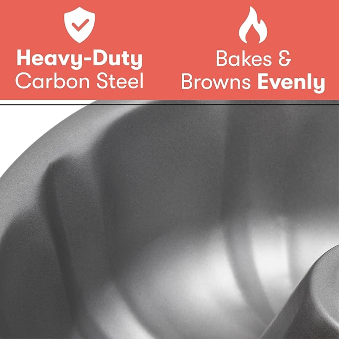 Cooking Light Heavy Duty Nonstick Bakeware Carbon Steel Fluted Tube Bundt Pan with Quick Release Coating, Manufactured without PFOA, Dishwasher Safe, Oven Safe, 9-Inch, Gray