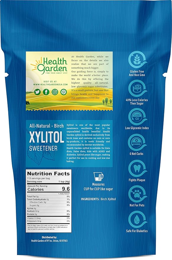 Health Garden Birch Xylitol Sweetener - 1 LB Resealable Bag - Pure Birch Xylitol - Non GMO, Kosher, Ideal Powdered Sugar Substitute - Non-GMO Sugar Alternative