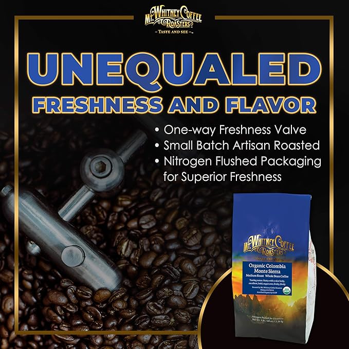 Mt. Whitney Colombia Monte Sierra Organic, Single Origin, Medium Dark Roast, Smooth Full Flavored, Low Acid Coffee (Whole Bean, 5 Lb)