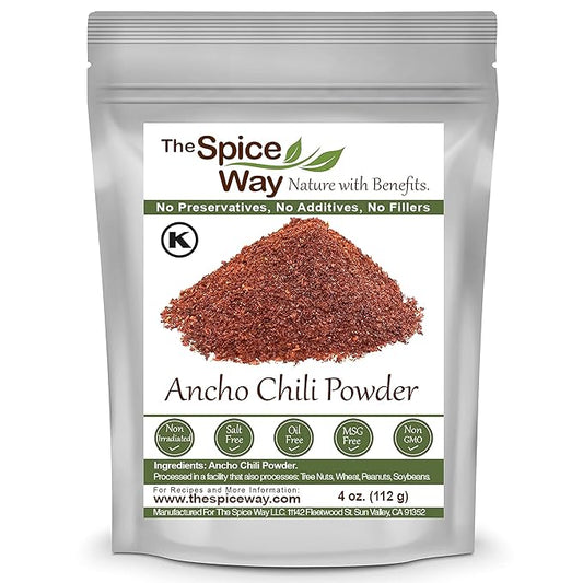The Spice Way Premium Ancho Chile - Pure Ancho Chilli Powder (4 oz) made from pure dried ancho chili peppers with no additives, no agents. resealable bag