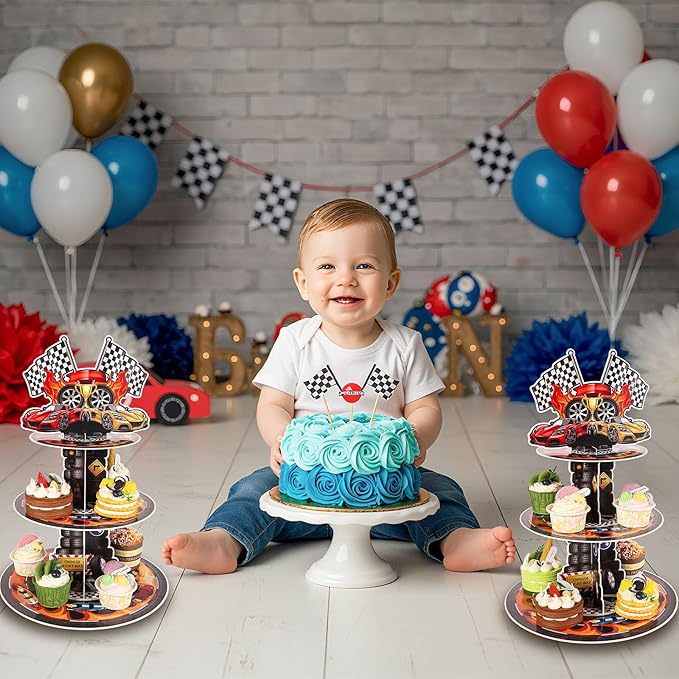 2 Pack Race Car Birthday Party Decorations Race Car Cupcake Stand 3 Tier Racing Cupcake Holder Truck Party Favors for Kids Boys Birthday Baby Shower Supplies