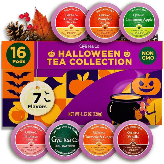 Gya Tea Co Halloween Tea Gift Set (16 Count) - Assorted Tea Pod Variety Pack Sampler With Fall Autumn Flavors - Single Serve Pods for Brewing Machines, Enjoy Hot Or Iced (Pack of 1)