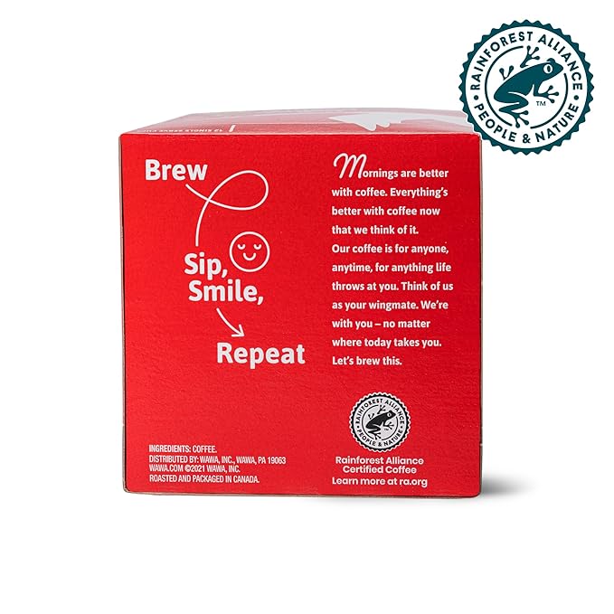 Wawa Mild Roast Single Cup Coffee Pods, 12 Pods, 1 Box, Regular Smooth & Balanced Classic Blend, Single Serve, Slightly Sweet, 100% More Responsibly Sourced from Rainforest Alliance Certified Farms