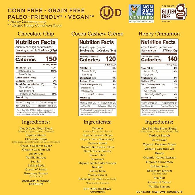Simple Mills Sweet Thins Cookies Seed and Nut Flour Honey Cinnamon, Simple Mills Almond Flour Crunchy Cookies Chocolate Chip, and Simple Mills Cocoa Cashew Crème Sandwich Cookies (Pack of 3)