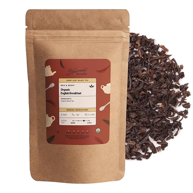 Heavenly Tea Leaves Organic English Breakfast, Loose Leaf Black Tea, 4 oz (Approx. 50 Cups) ??Bold, Full-Bodied, Brisk & Smooth ??Great Hot or Iced, High Caffeine, Premium Quality, USDA Organic