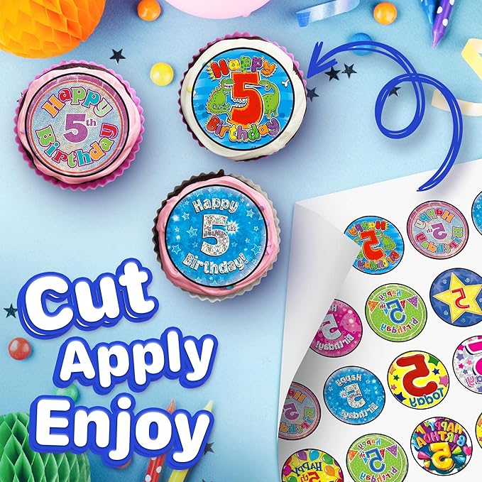 30 x Edible Cupcake Toppers Themed of Collection of Edible Cake Decorations | Uncut Edible on Wafer Sheet (5th Happy Birthday)