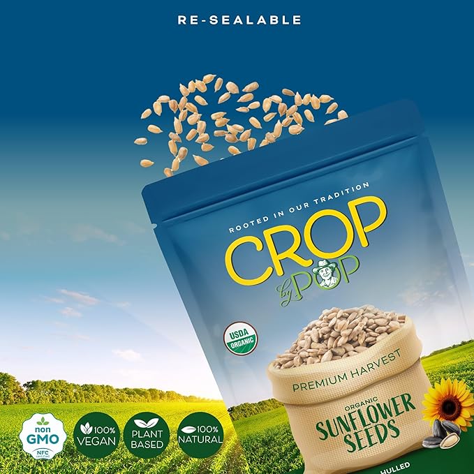 CROP BY POP - Organic Raw Hulled Sunflower Seed Kernels, Unsalted, Shelled (32oz - 2 LB) Packed Fresh in Resealable Bag - USDA Organic, Non GMO - Naturally Grown, Vegan, Kosher