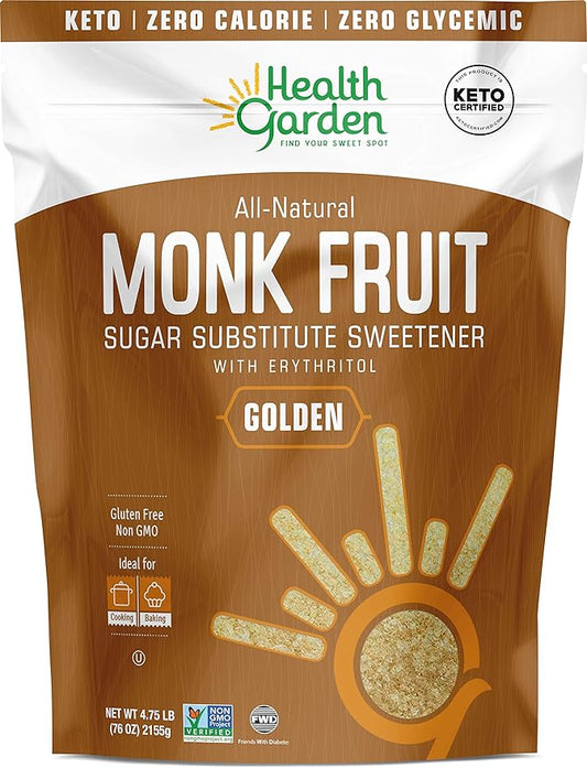 Health Garden Monk Fruit Sweetener, Golden- Non GMO - Gluten Free - 1:1 Sugar Substitute - Kosher - Keto Friendly (4.75 Lb)